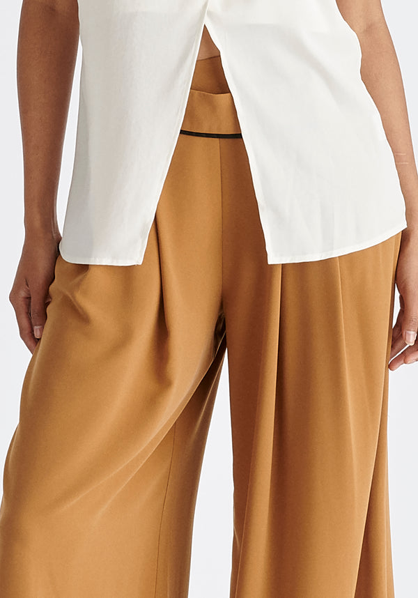 Asymmetric Waistband Trousers in Brown and Black Close Up