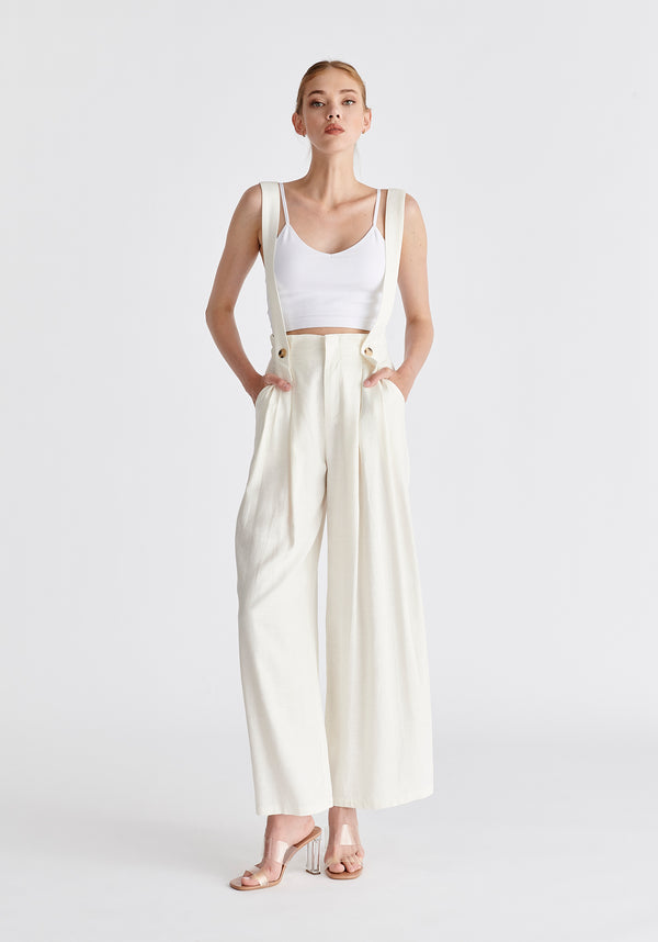 Linen Blend Detachable Suspender Trousers in White