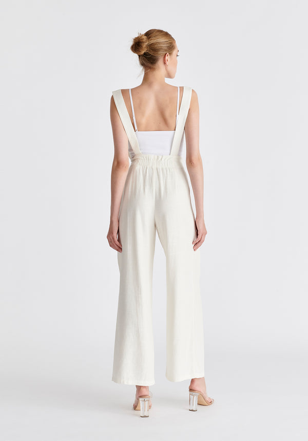 Linen Blend Detachable Suspender Trousers in White Back