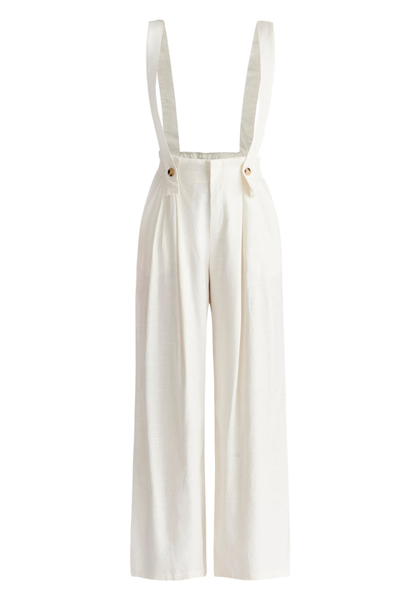 Linen Blend Detachable Suspender Trousers in White