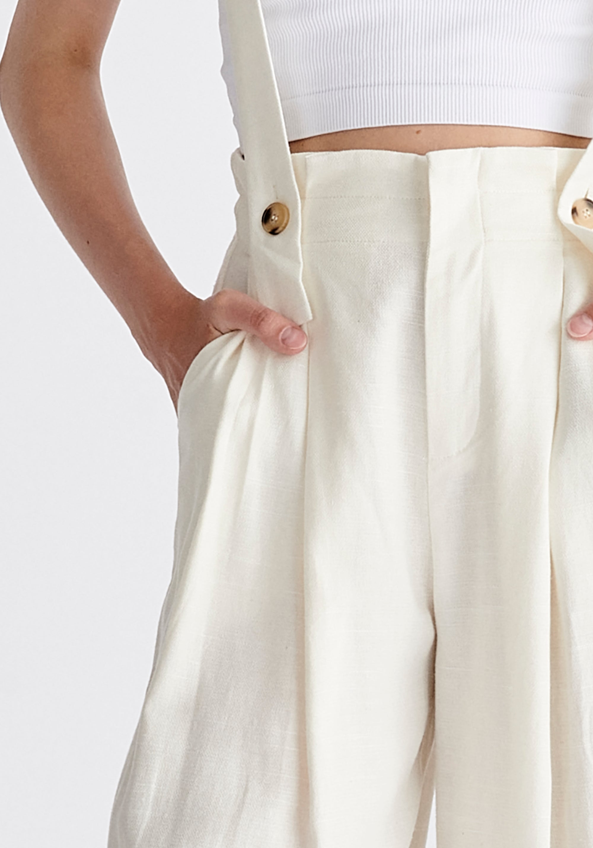 Linen Blend Detachable Suspender Trousers in White Close Up