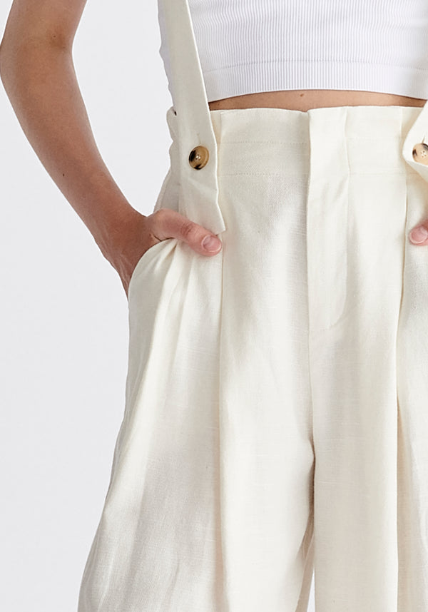 Linen Blend Detachable Suspender Trousers in White Close Up