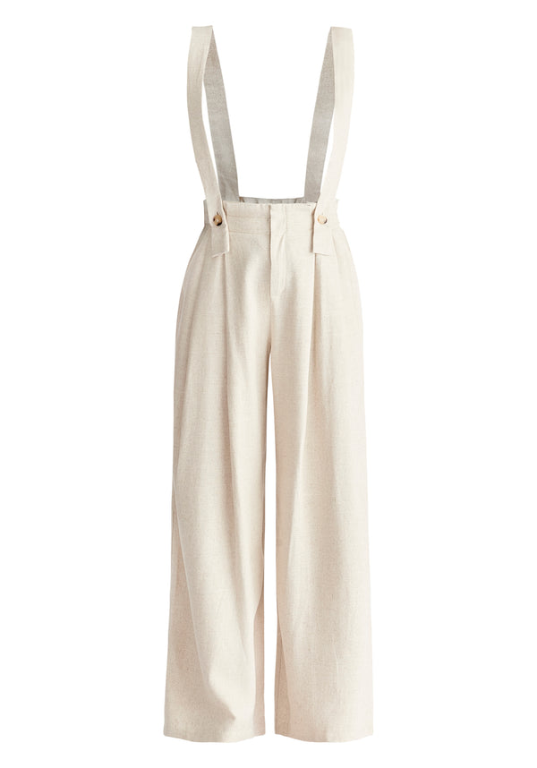 Linen Blend Detachable Suspender Trousers in Oatmeal Cut Out