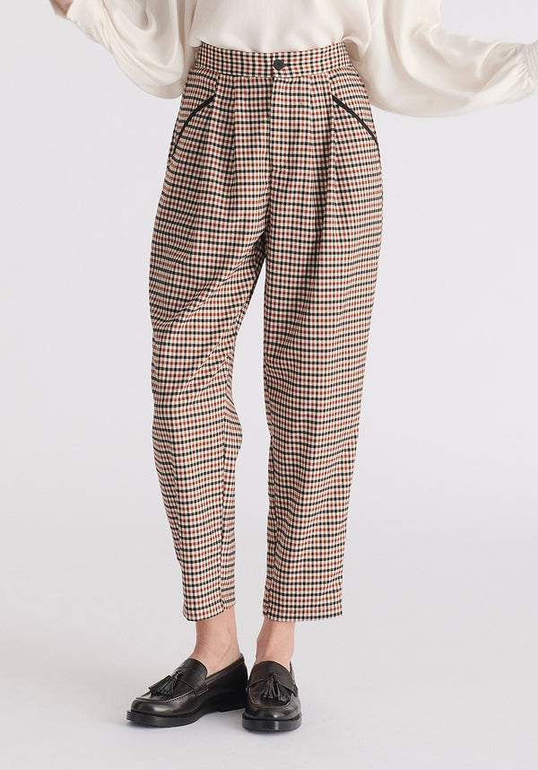 Check Trousers with Piping Details in Red, White and Black