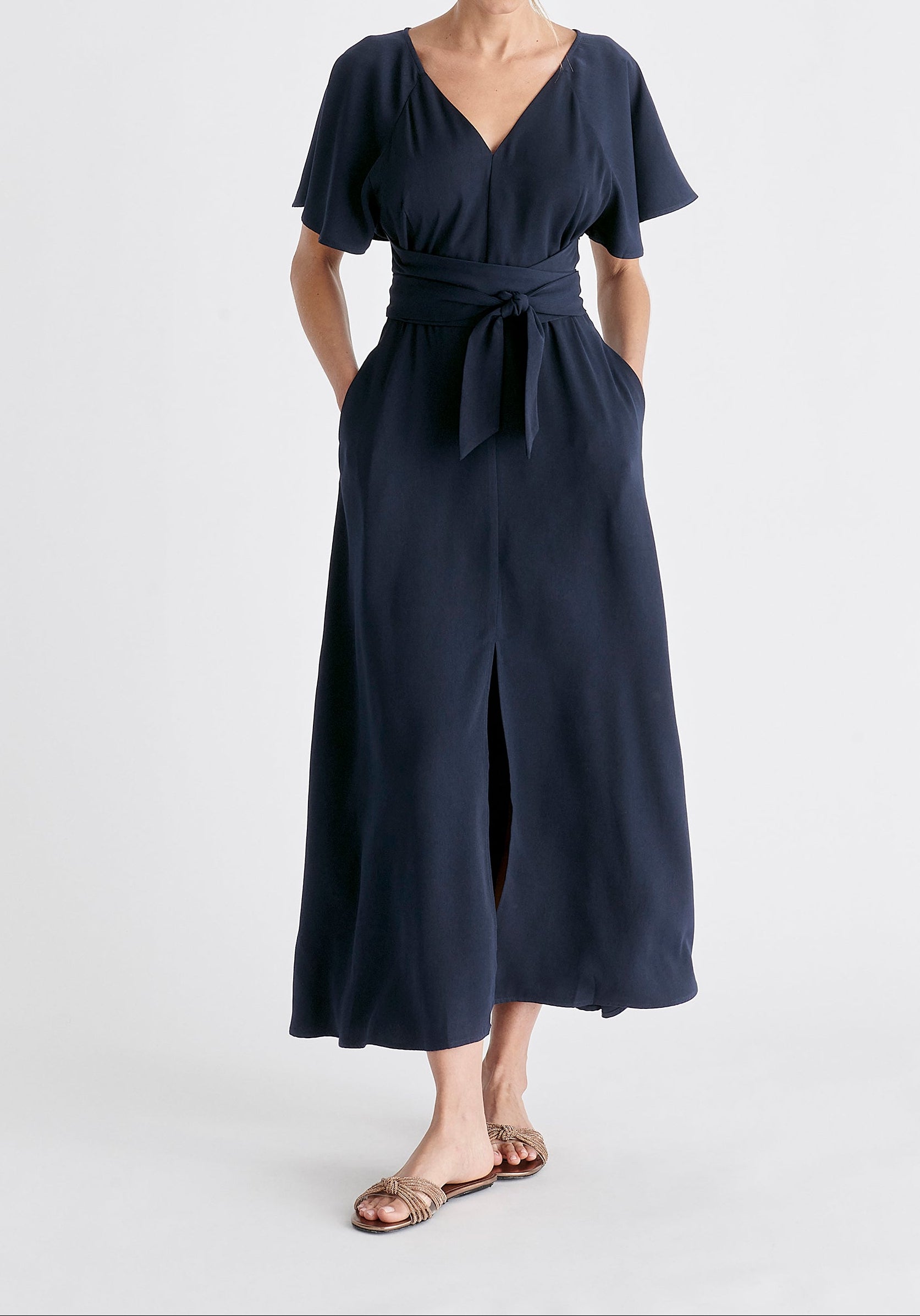 Maxi Waist Tie Dress In Navy