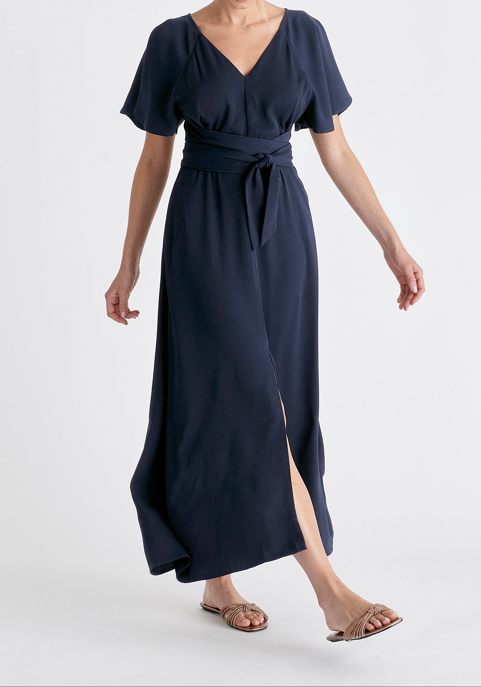 Maxi Waist Tie Dress In Navy