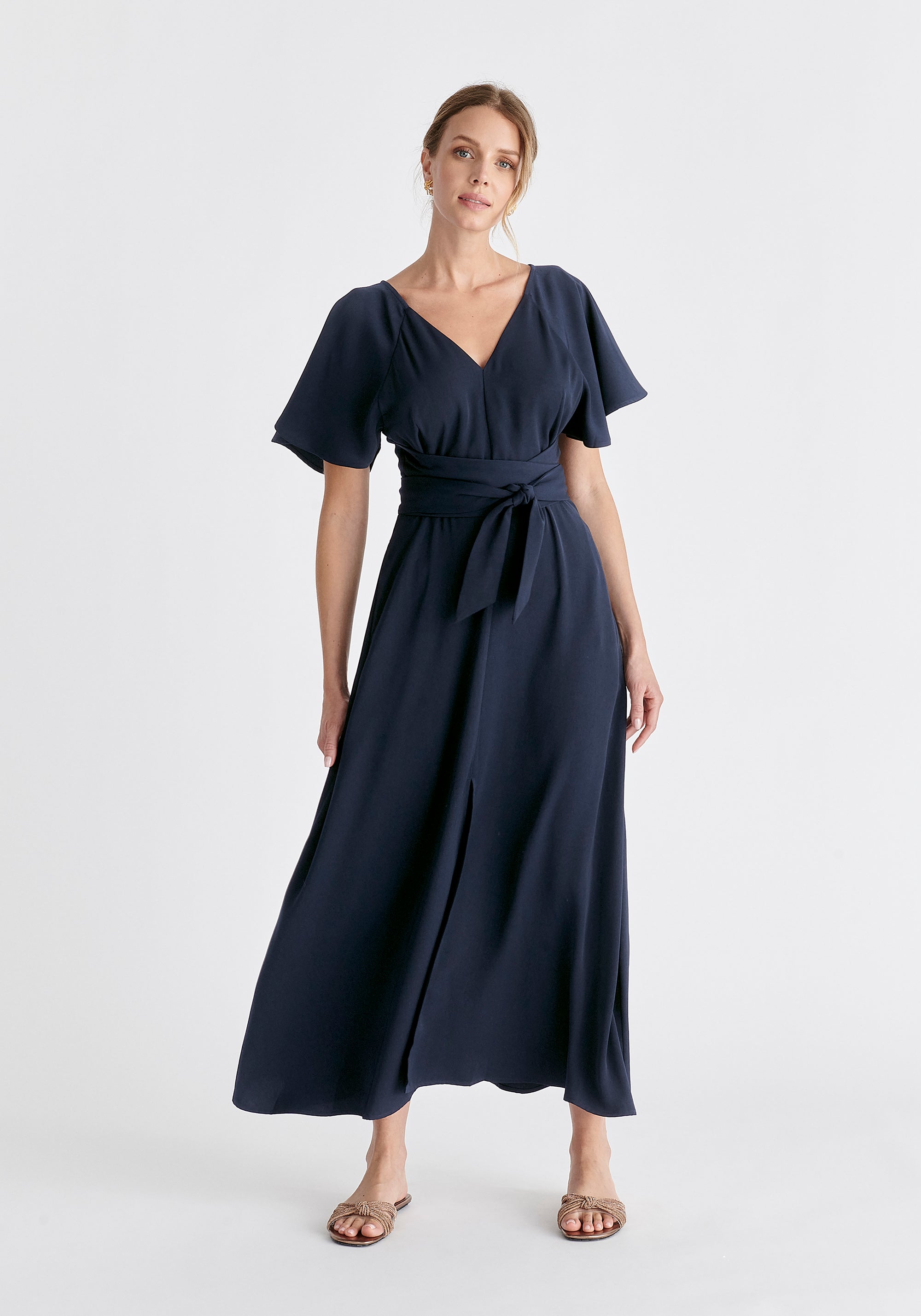 Maxi Waist Tie Dress In Navy