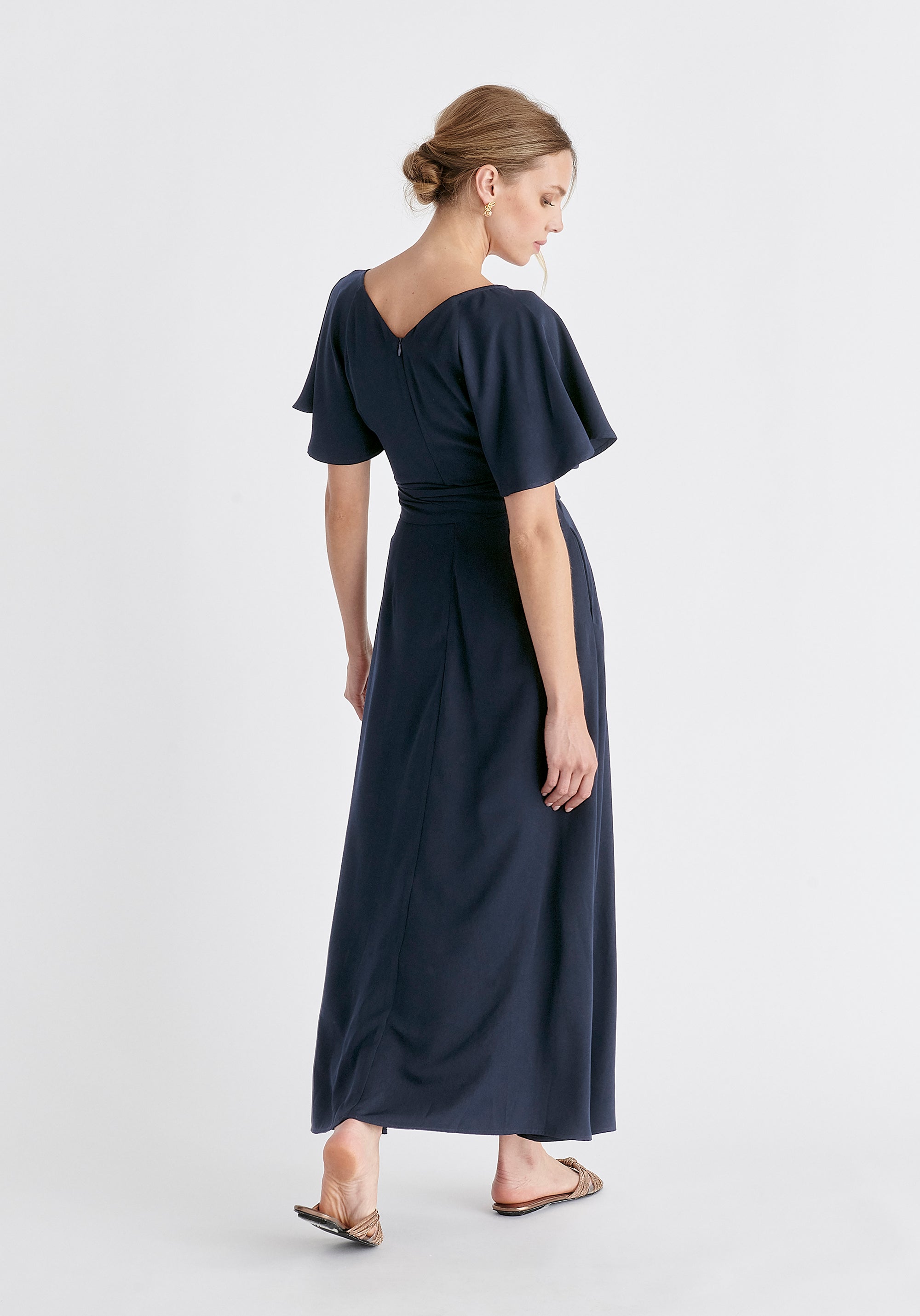 Maxi Waist Tie Dress In Navy Back