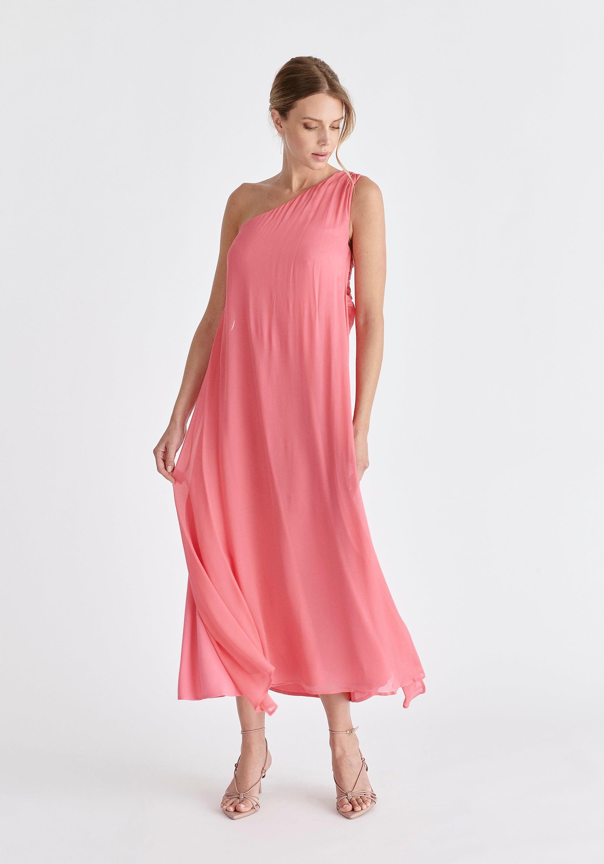 One Shoulder Flowy Dress in Pink