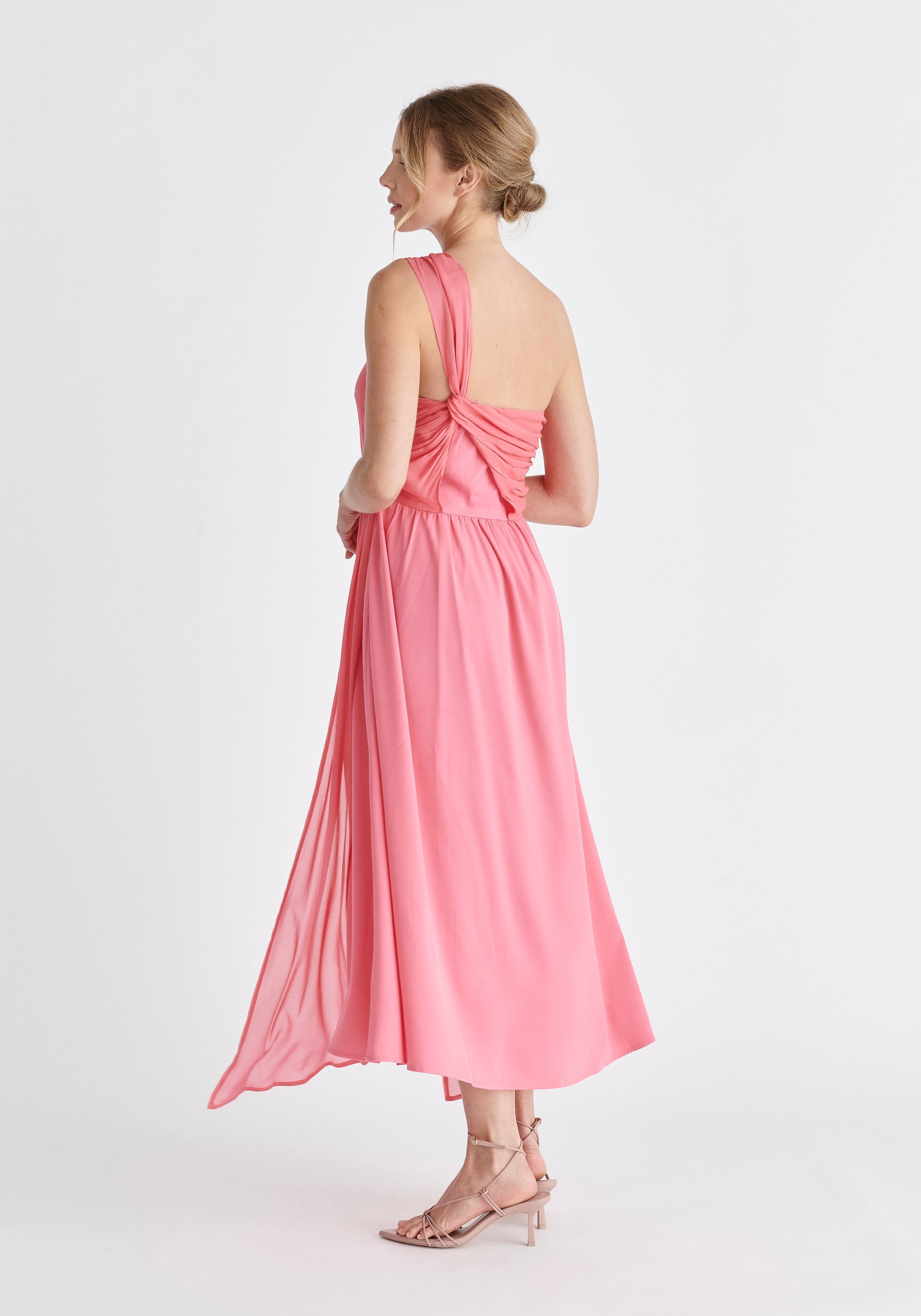 One Shoulder Flowy Dress in Pink Side
