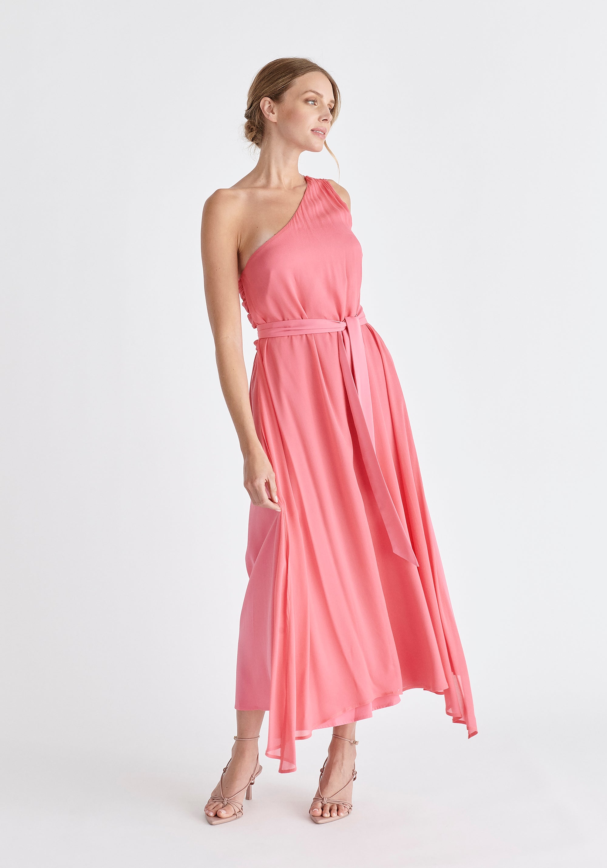 One Shoulder Flowy Dress in Pink