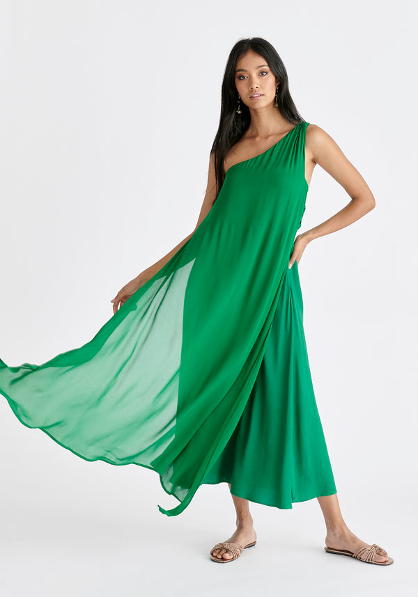 One Shoulder Flowy Dress in Green
