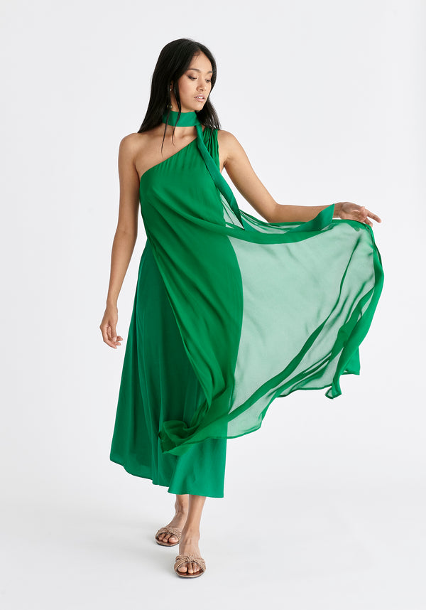 One Shoulder Flowy Dress in Green