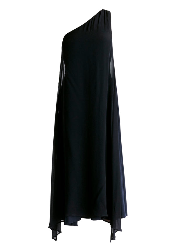 One Shoulder Flowy Dress in Navy Cut Out