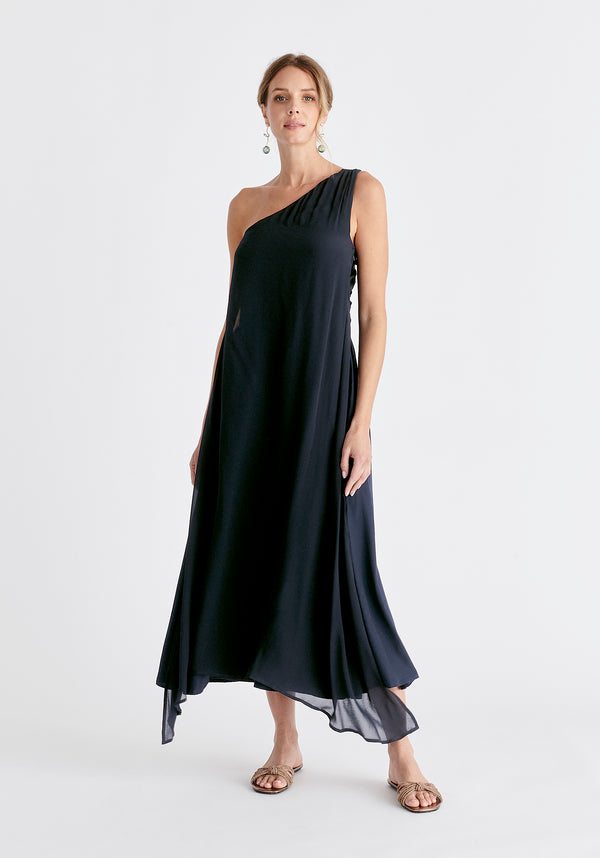 One Shoulder Flowy Dress in Navy