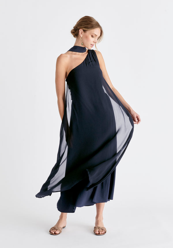 One Shoulder Flowy Dress in Navy