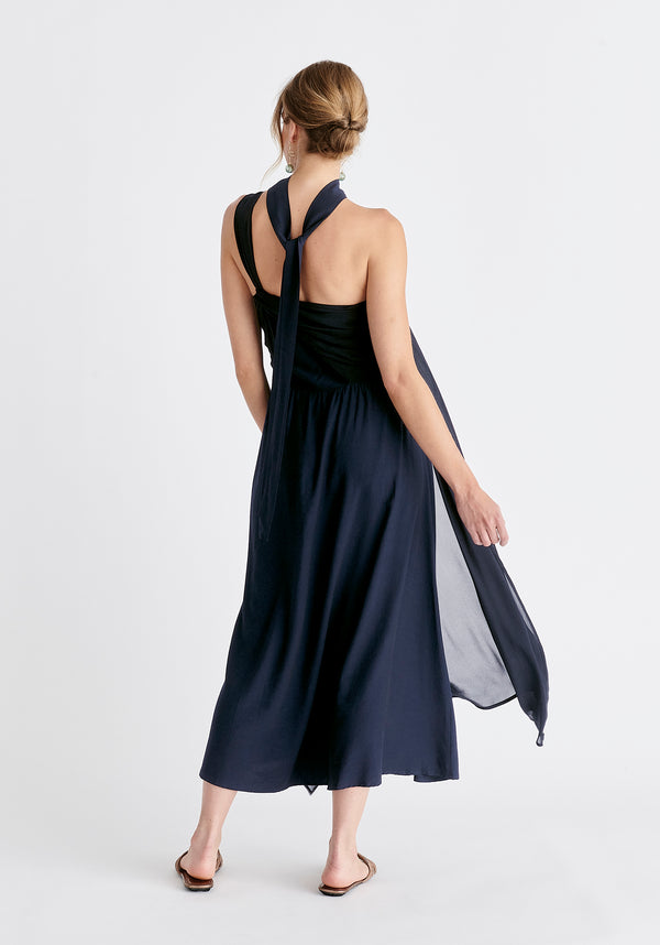One Shoulder Flowy Dress in Navy Back