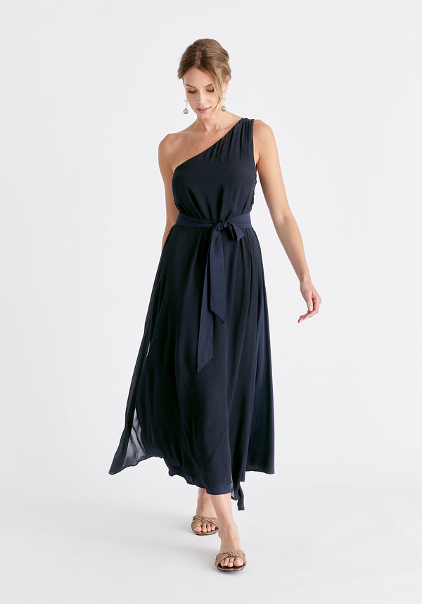 One Shoulder Flowy Dress in Navy