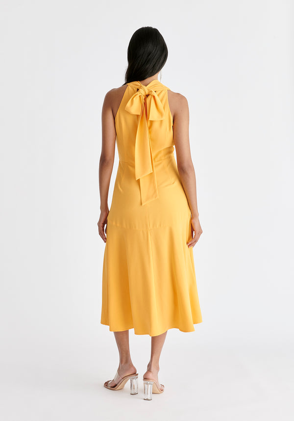 Asymmetric Neck Midi Dress in Yellow Back