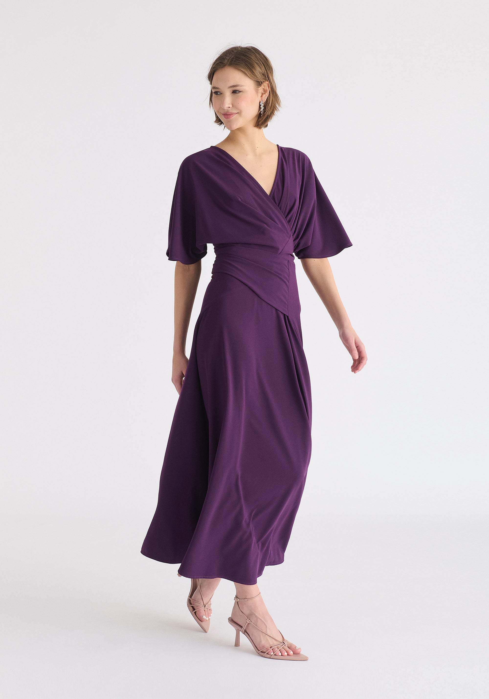 Flare Sleeves Maxi Wrap Dress in Midnight Plum Side