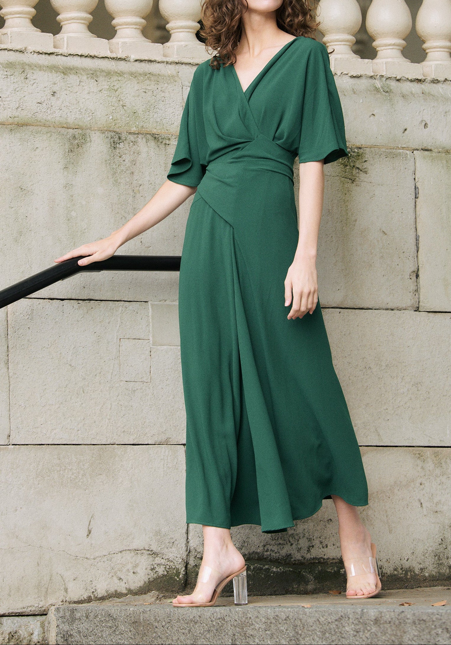 Flare Sleeves Maxi Wrap Dress in Green