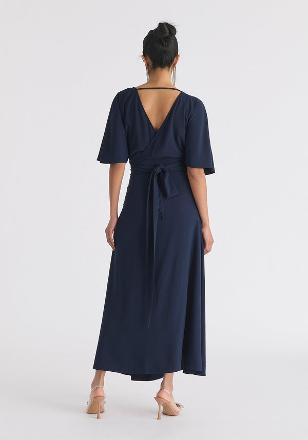 Flare Sleeves Maxi Wrap Dress in Navy Back