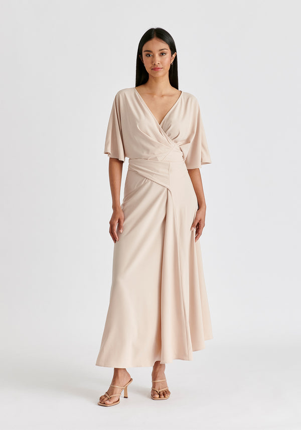 Flare Sleeves Maxi Wrap Dress in Taupe