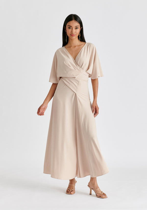 Flare Sleeves Maxi Wrap Dress in Taupe Front