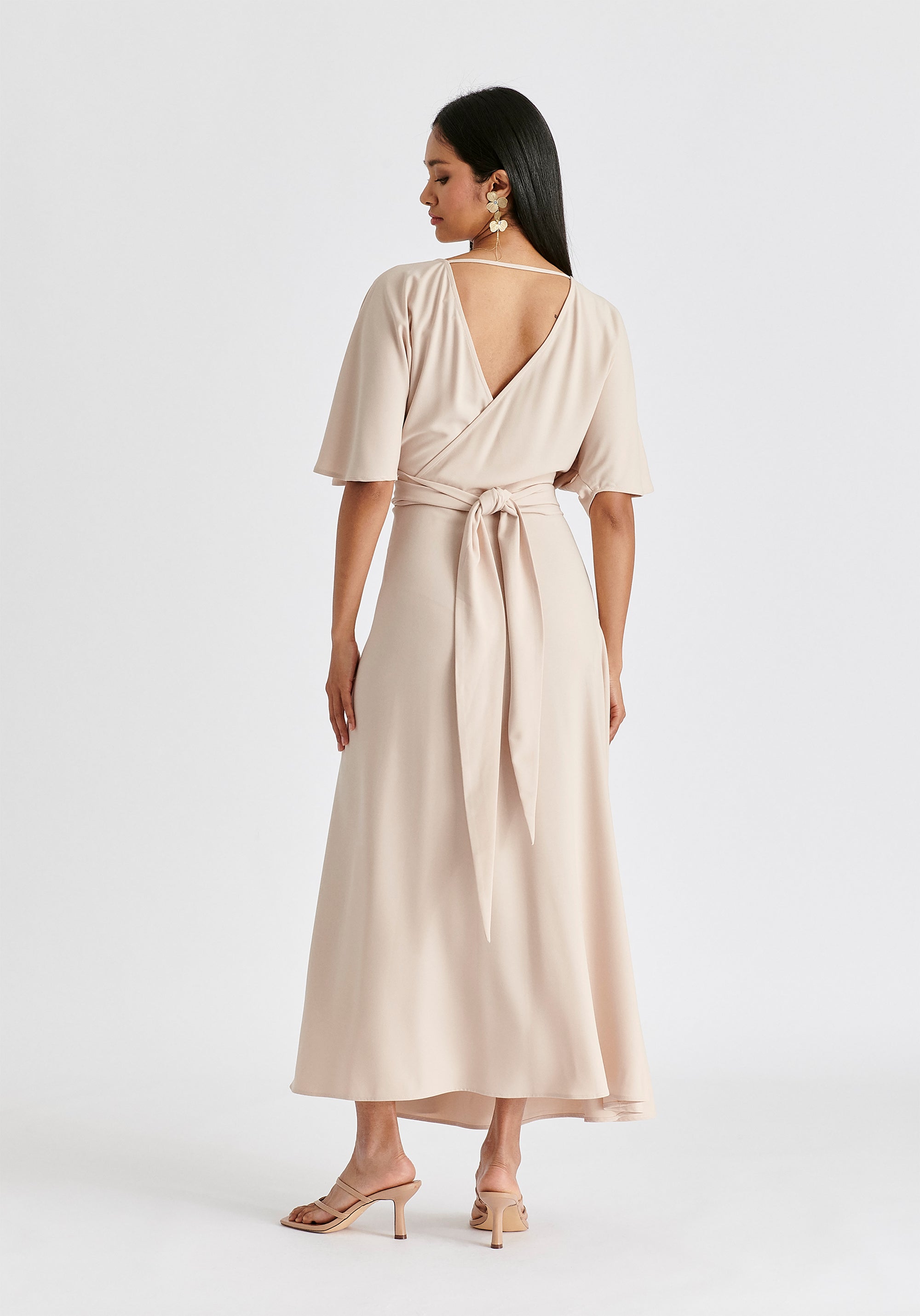 Flare Sleeves Maxi Wrap Dress in Taupe Back