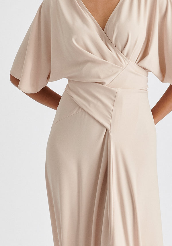 Flare Sleeves Maxi Wrap Dress in Taupe Closeup
