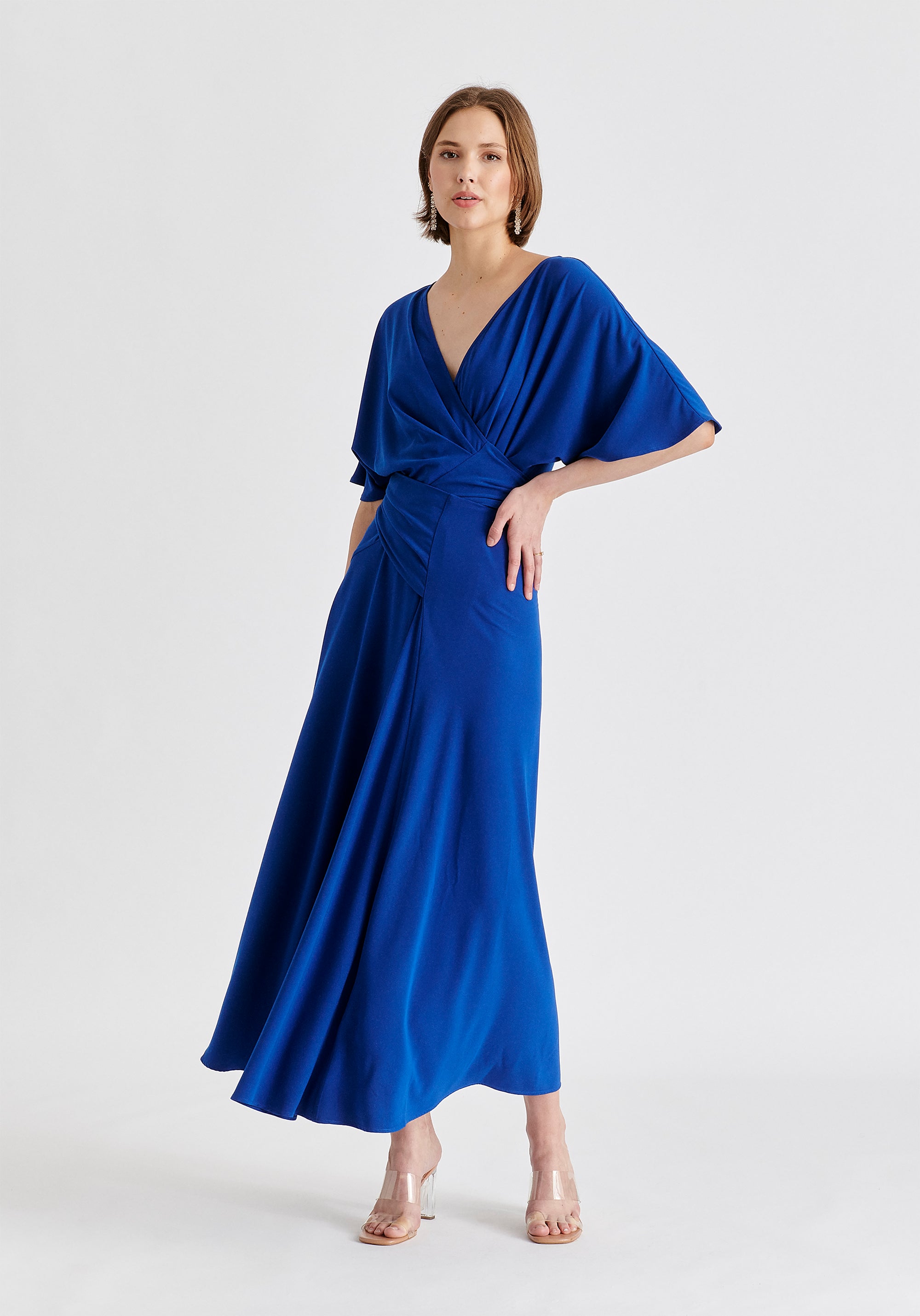 Flare Sleeves Maxi Wrap Dress in Royal Blue Front