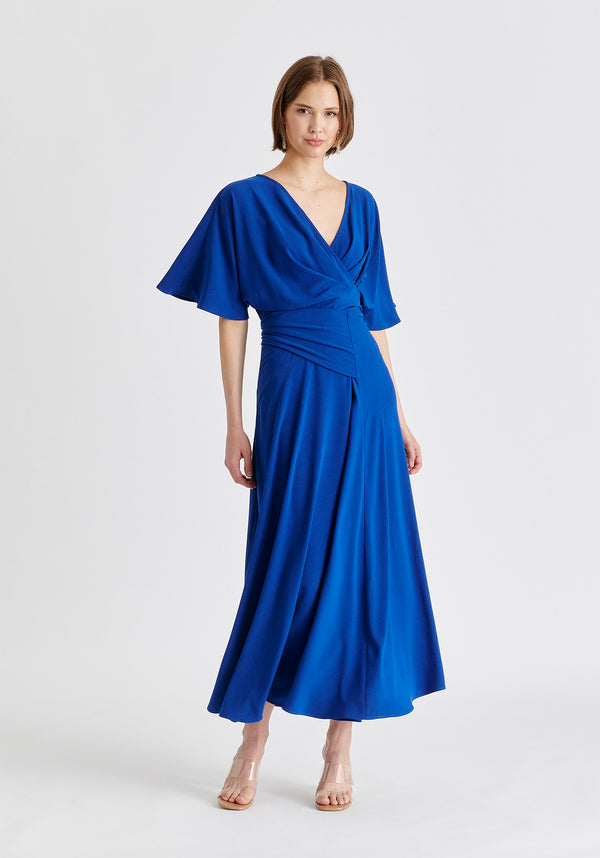 Flare Sleeves Maxi Wrap Dress in Royal Blue Front