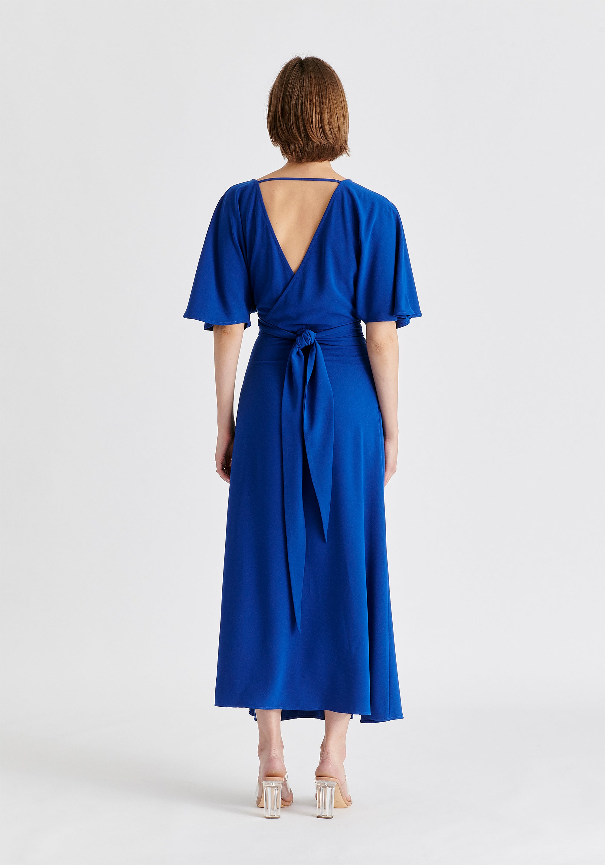 Flare Sleeves Maxi Wrap Dress in Royal Blue Back