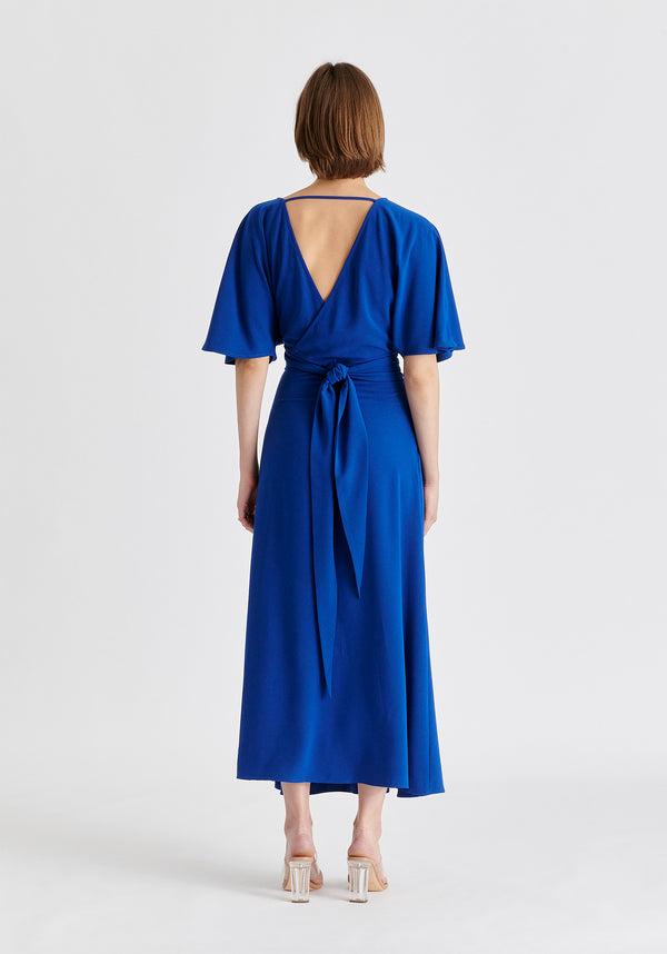 Flare Sleeves Maxi Wrap Dress in Royal Blue Back
