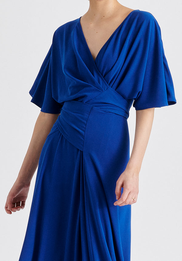 Flare Sleeves Maxi Wrap Dress in Royal Blue Closeup