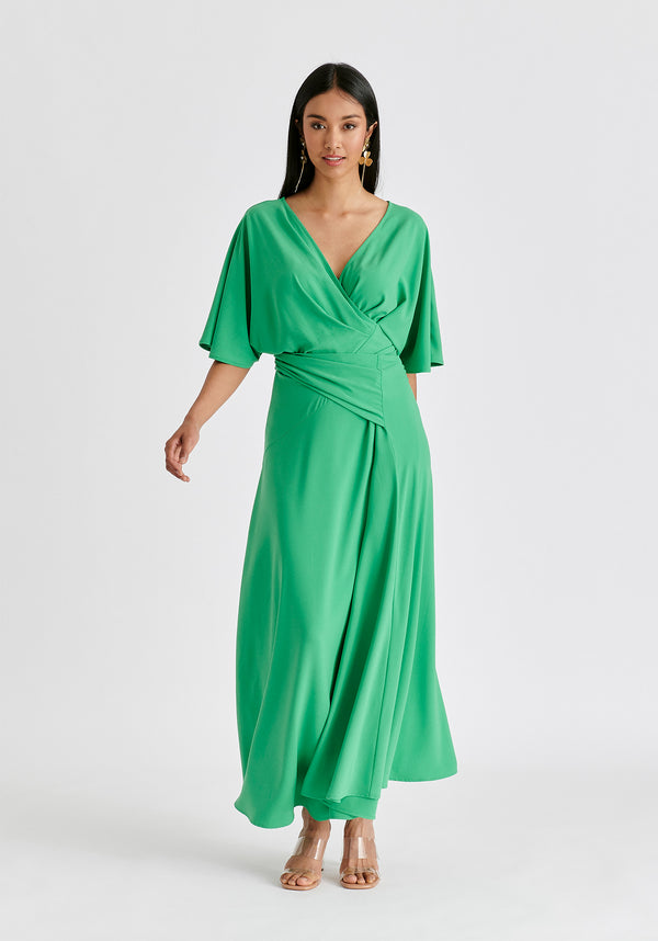 Flare Sleeves Maxi Wrap Dress in Light Green Front