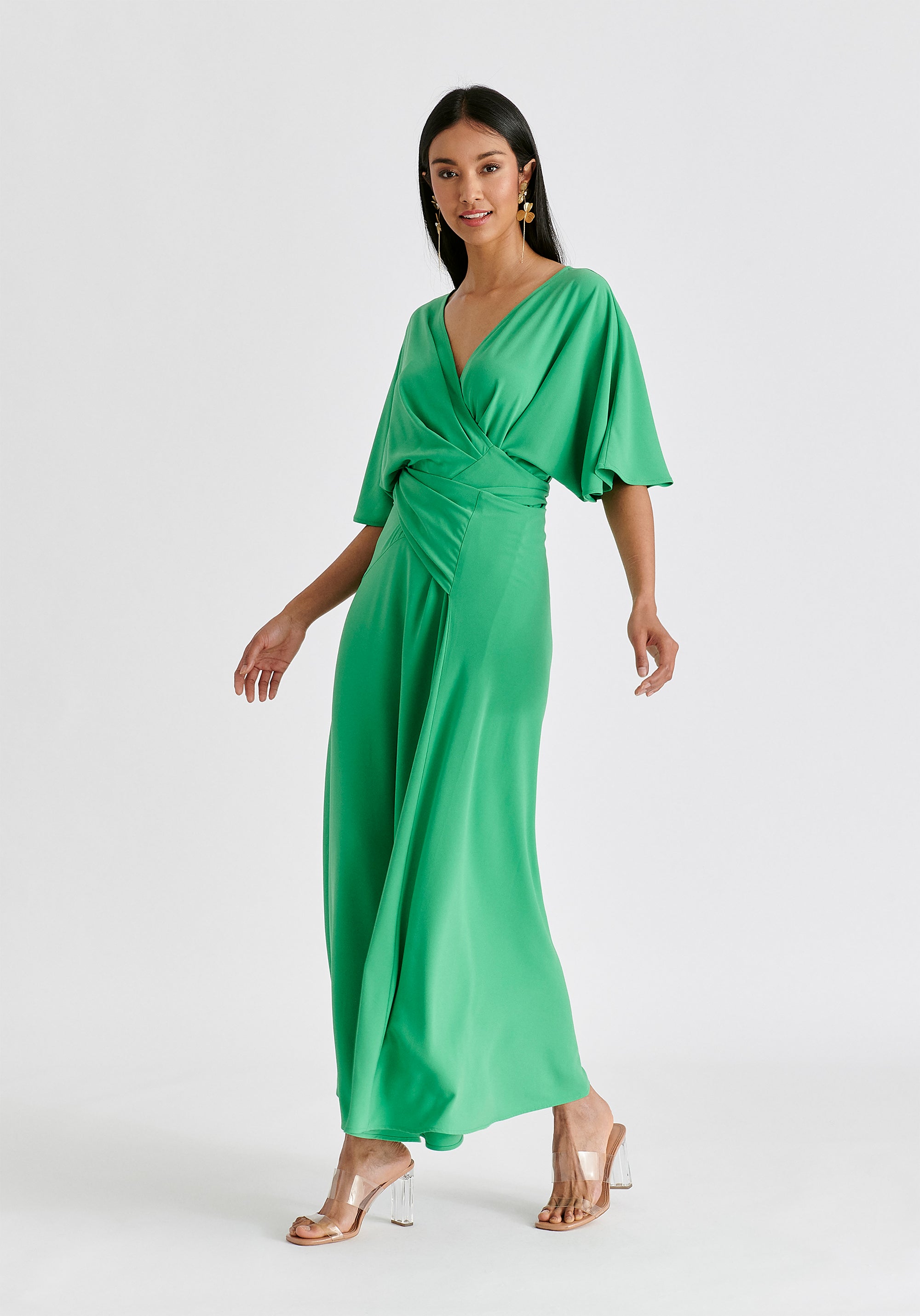 Flare Sleeves Maxi Wrap Dress in Light Green Side