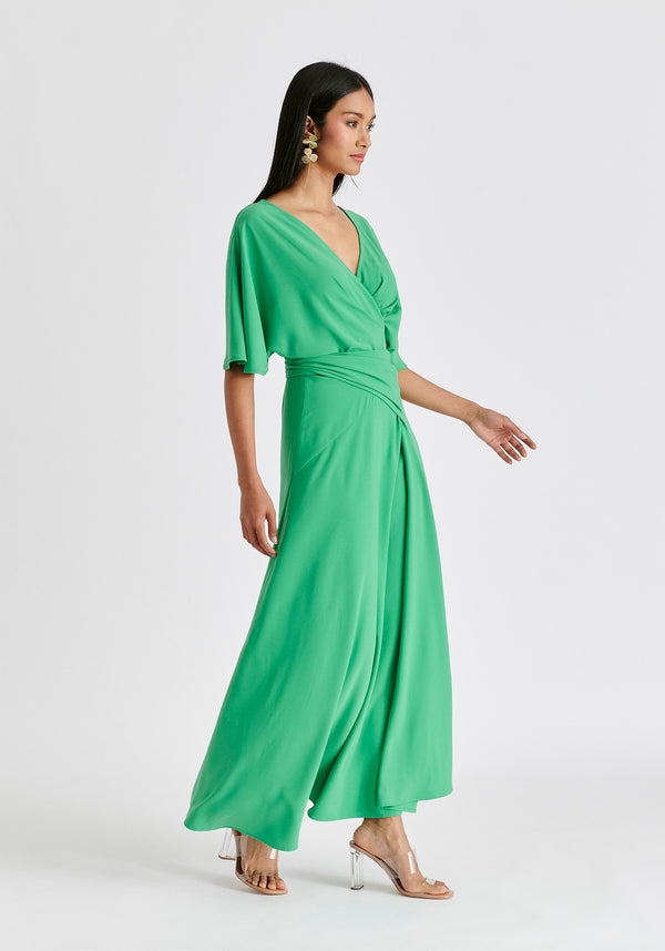 Flare Sleeves Maxi Wrap Dress in Light Green Side