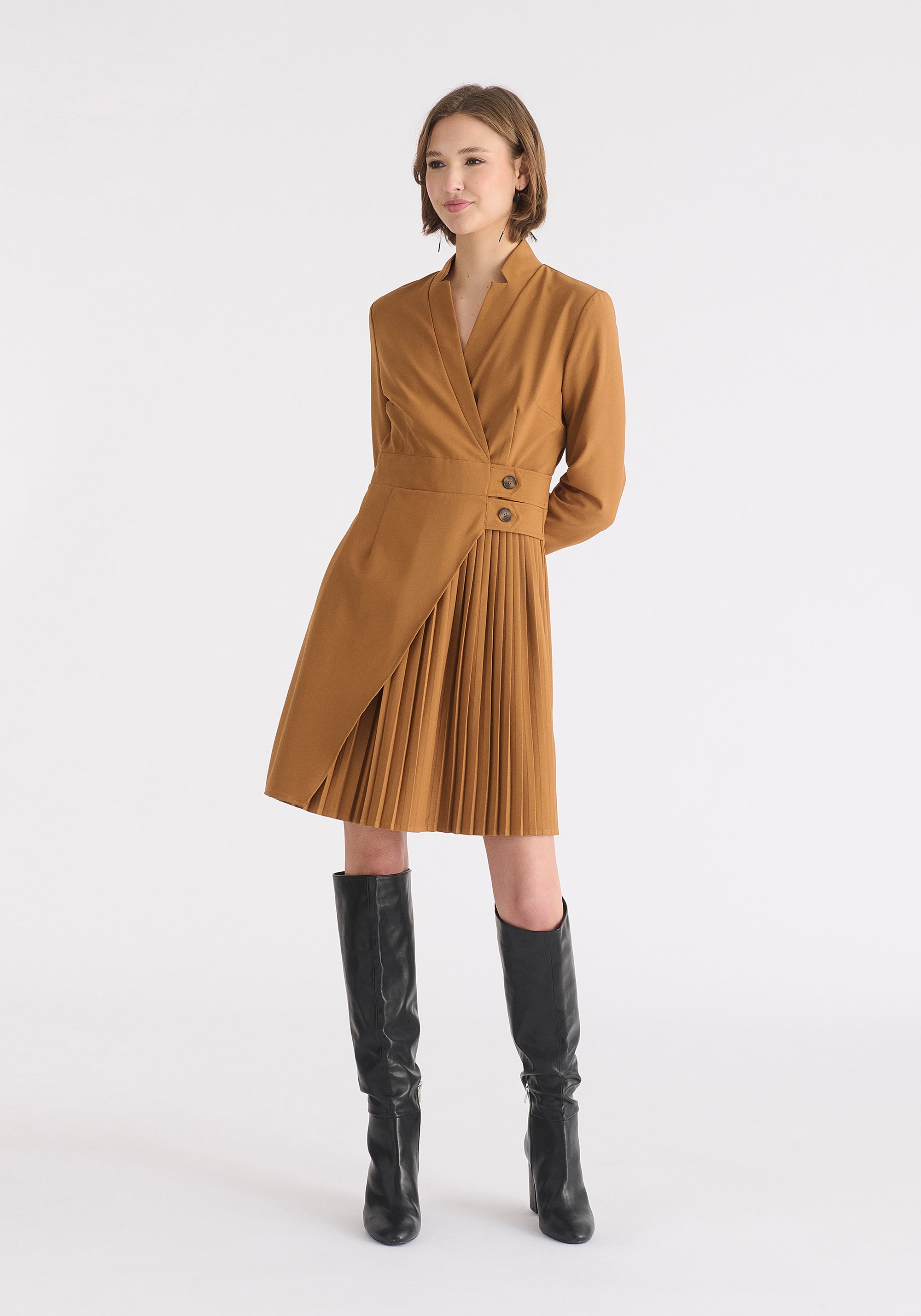 Tailored Blazer Dress with Pleated Skirt Front