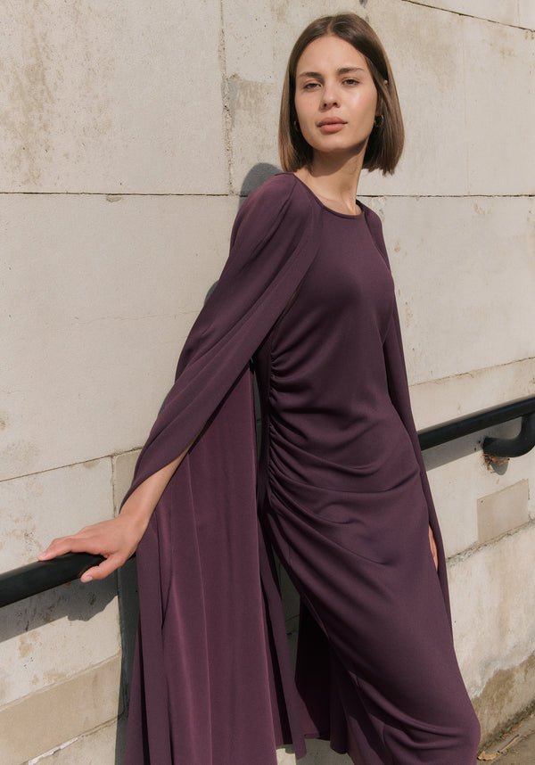Cape Sleeves Dress with Waist Details in Midnight Plum