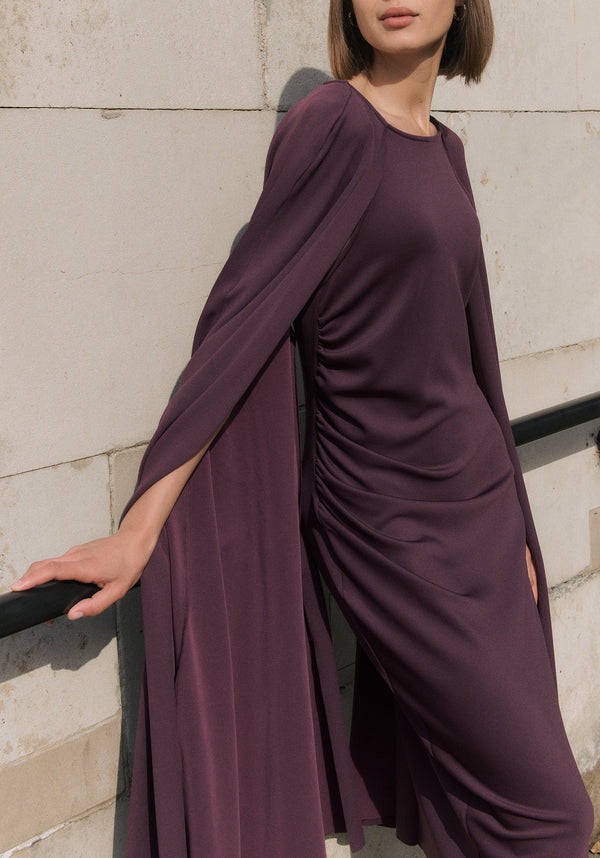 Cape Sleeves Dress with Waist Details in Midnight Plum