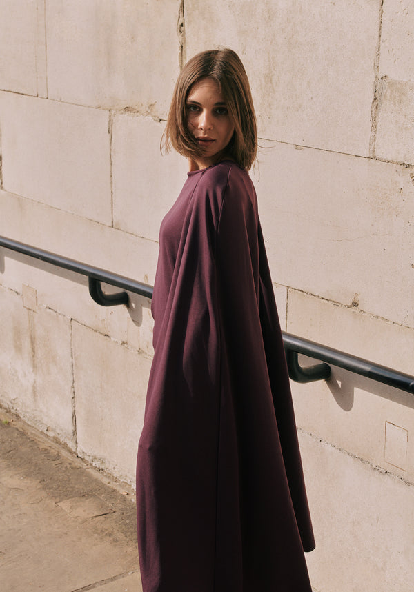 Cape Sleeves Dress with Waist Details in Midnight Plum