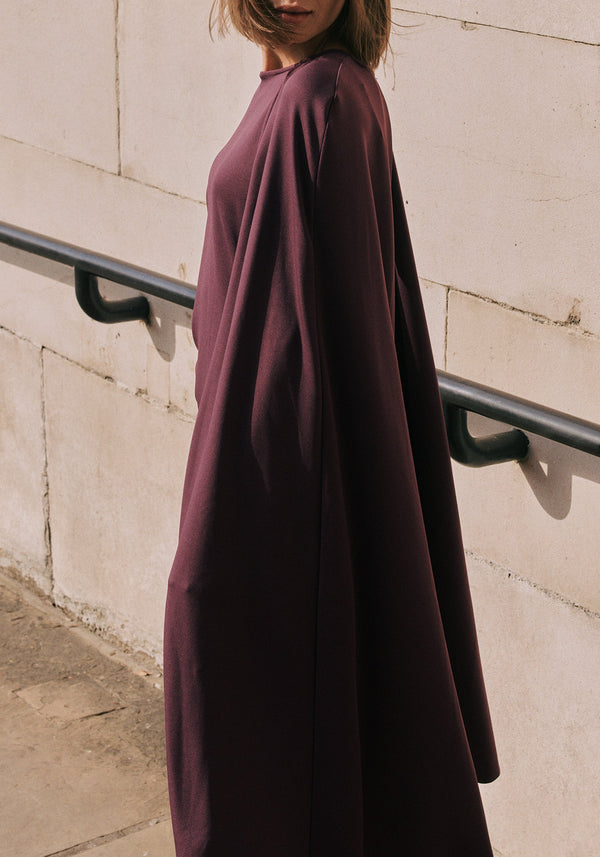 Cape Sleeves Dress with Waist Details in Midnight Plum