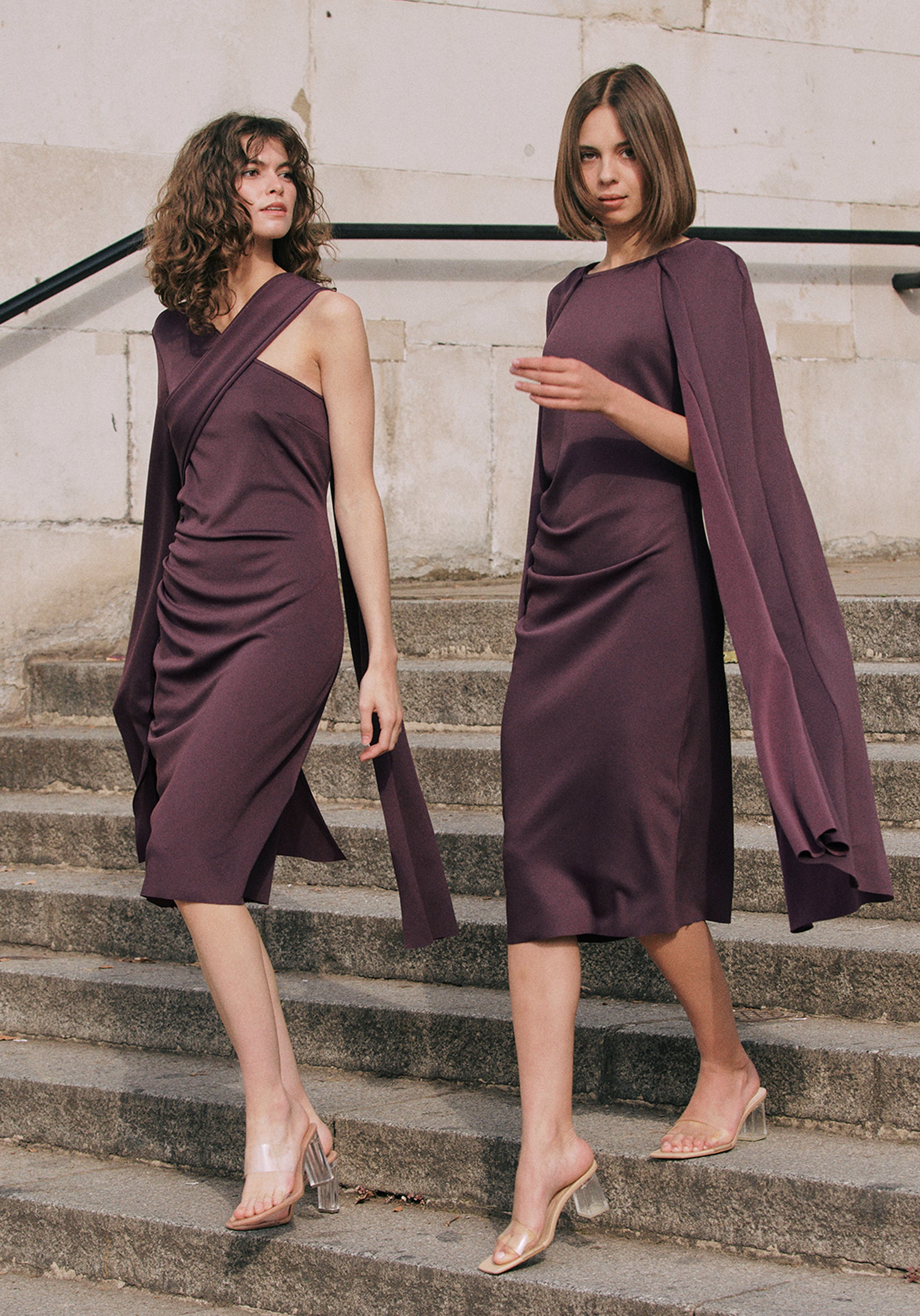 Asymmetric Draped Cape Sleeve Dress in Midnight Plum
