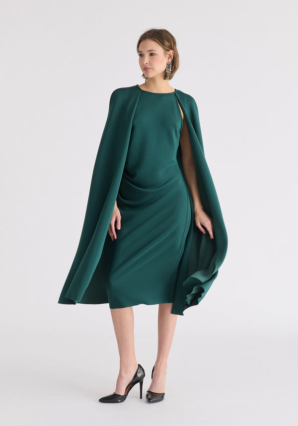 Cape Sleeves Dress with Waist Details in Green