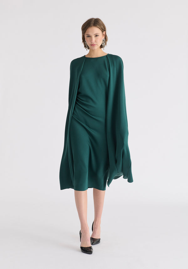 Cape Sleeves Dress with Waist Details in Green