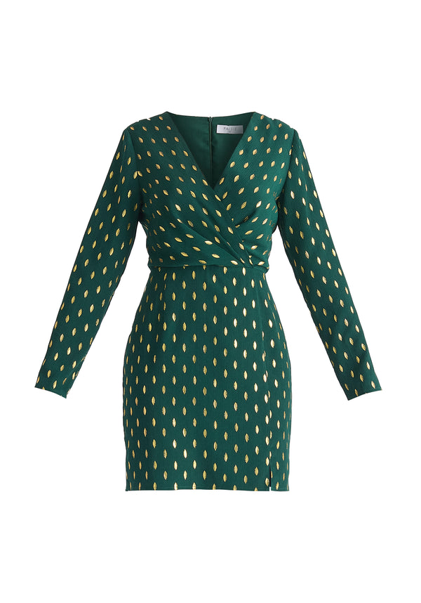 Gold Foil Print Mini Wrap Dress with Slit in Dark Green and Gold Cut Out
