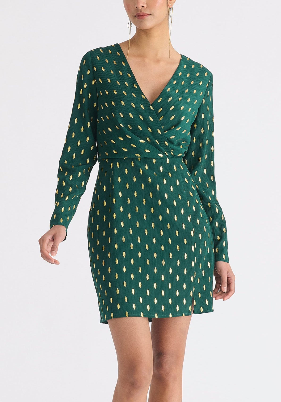 Gold Foil Print Mini Wrap Dress with Slit in Dark Green and Gold