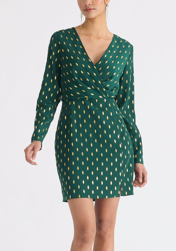 Gold Foil Print Mini Wrap Dress with Slit in Dark Green and Gold