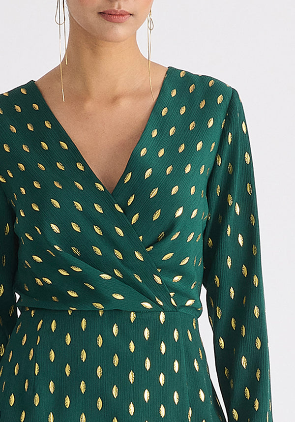 Gold Foil Print Mini Wrap Dress with Slit in Dark Green and Gold Close Up